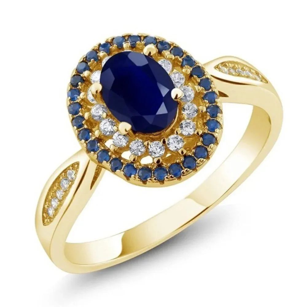 18K Yellow Gold 925 Sterling Silver with Blue Sapphire and Cubic Zirconia Ring